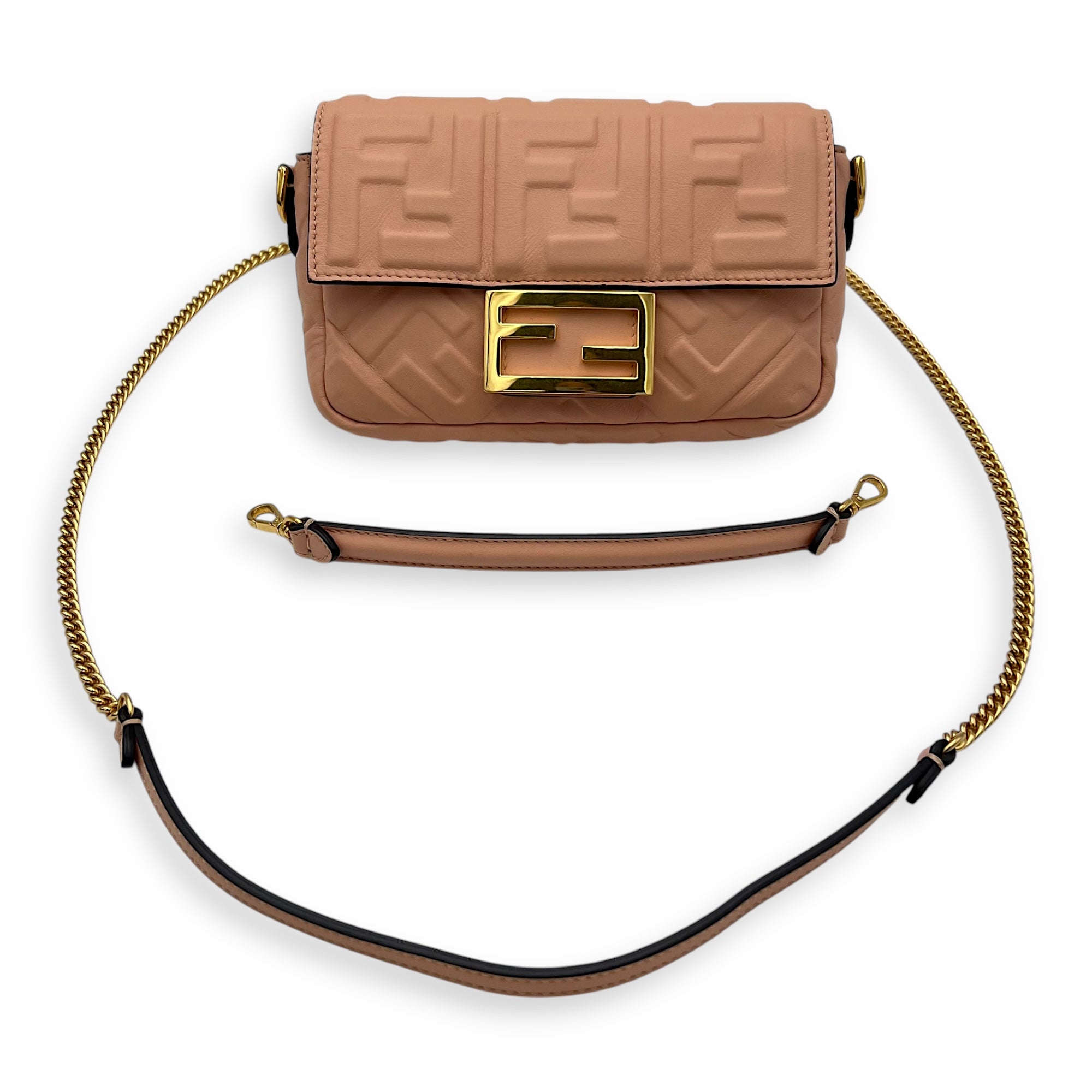 Fendi Baguette Crossbody Bag Pink in Calfskin, Gold hardware_10