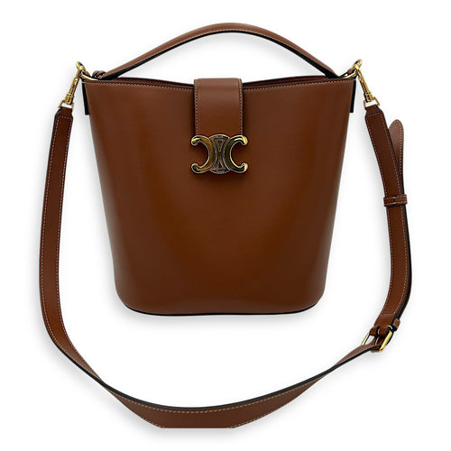 Celine Louise Medium Brown Bucket Bag in Calfskin, Gold hardware_13