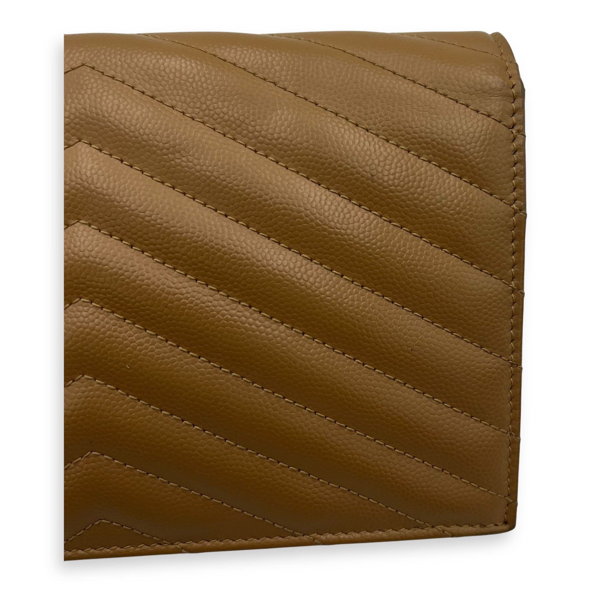 Saint Laurent Cassandre Wallet On Chain Beige in Calfskin, Gold hardware_9