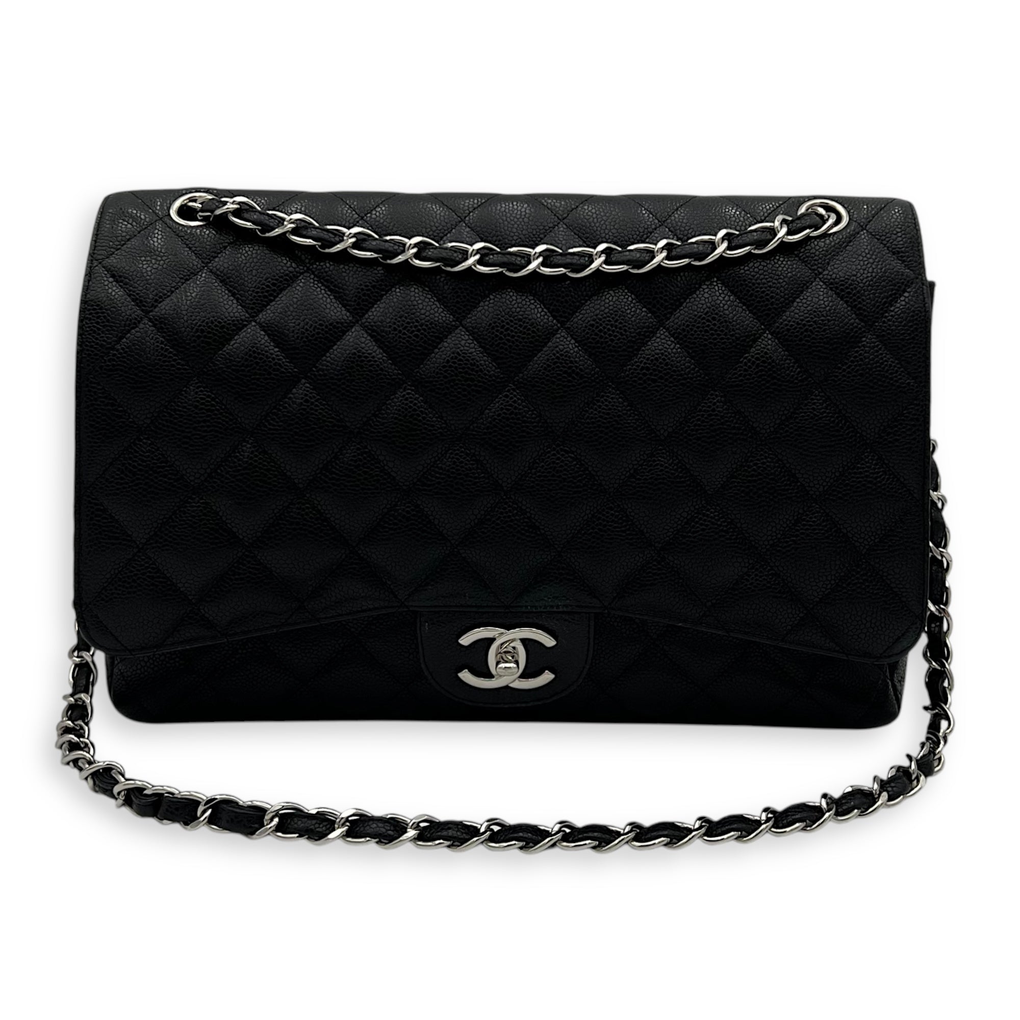 Chanel Classic Double Flap Maxi Black Shoulder Bag in Caviar Leather, Silver hardware_15