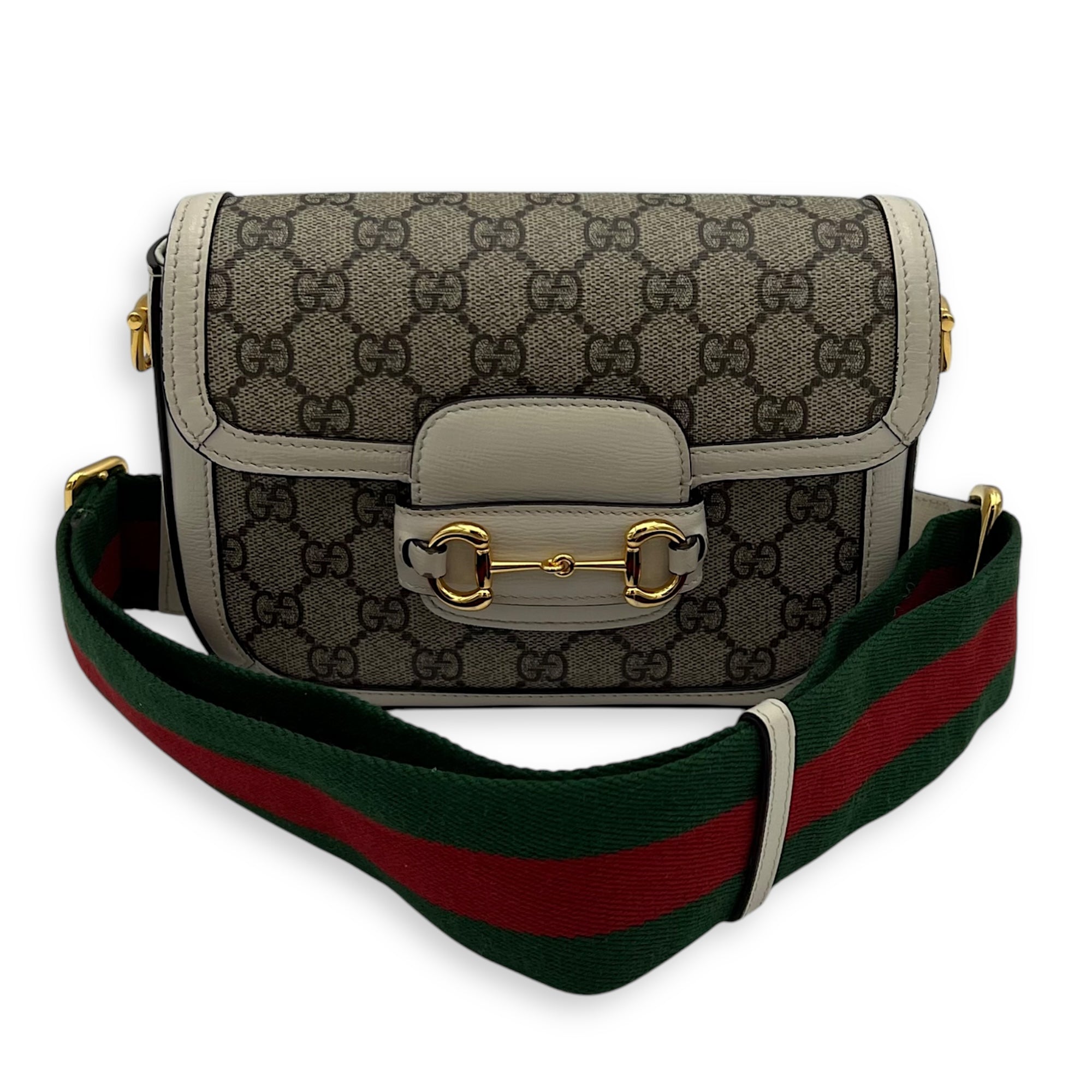 Gucci Horsebit 1955 Mini White Crossbody Bag in Coated Canvas, Gold hardware_10
