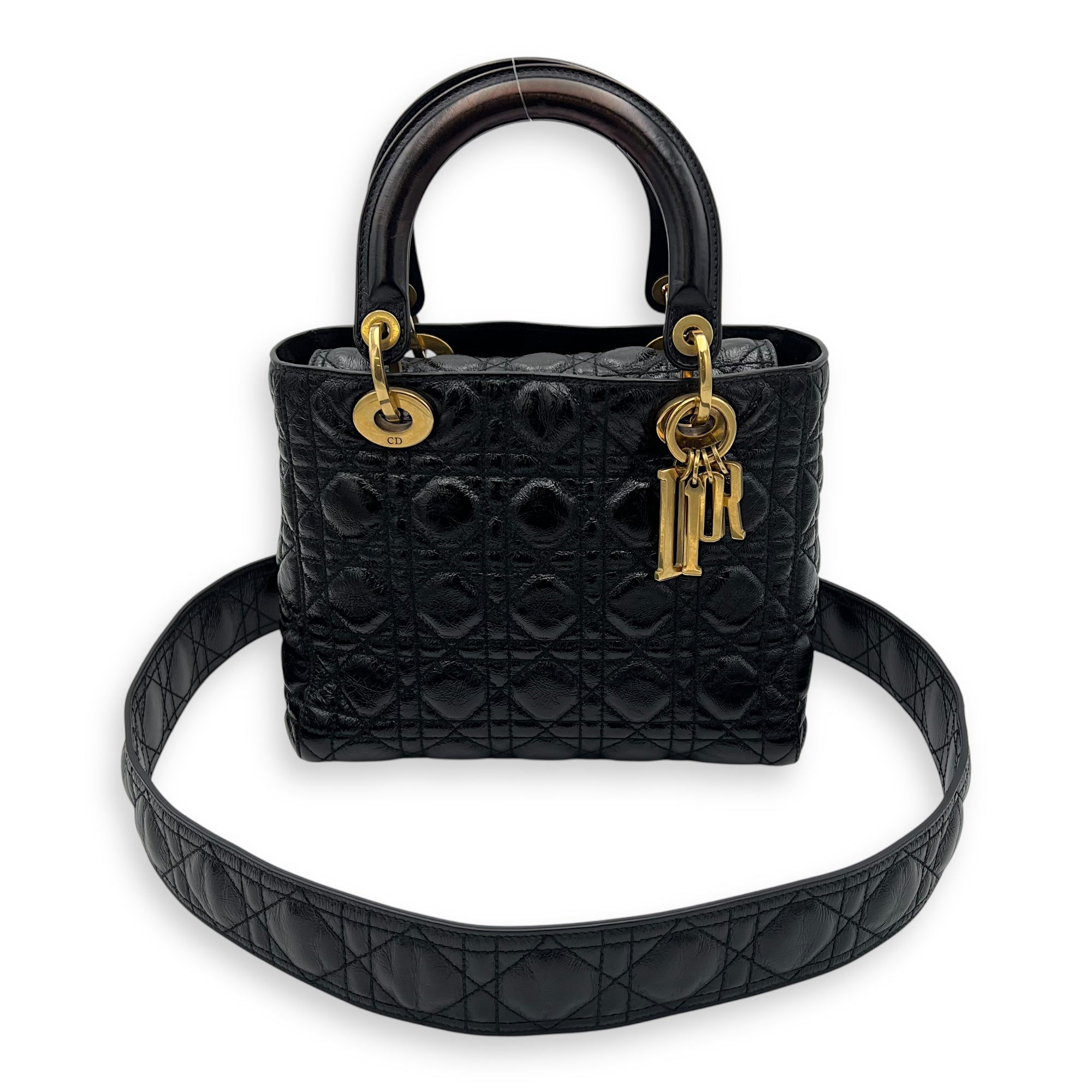 Christian Dior Lady Dior Top Handle Bag Medium Black in Calfskin, Gold hardware_1