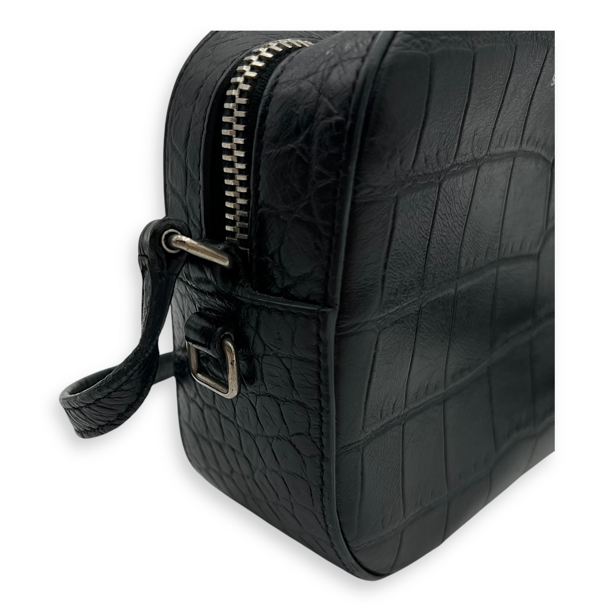 Saint Laurent Camera Crossbody Bag Beige in Crocodile Embossed Calfskin, Silver hardware_7