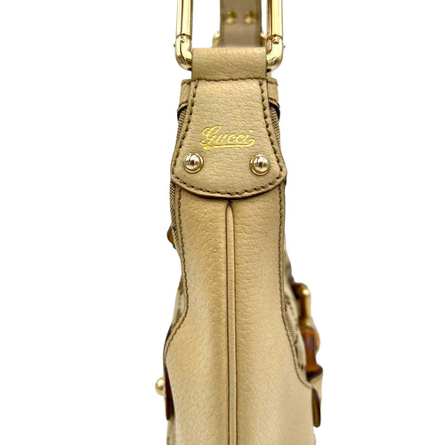 Bamboo Horsebit White Shoulder Bag in Jacquard, Light Gold hardware