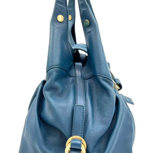 Chandra Hobo Blue Shoulder Bag in Calfskin, Gold hardware