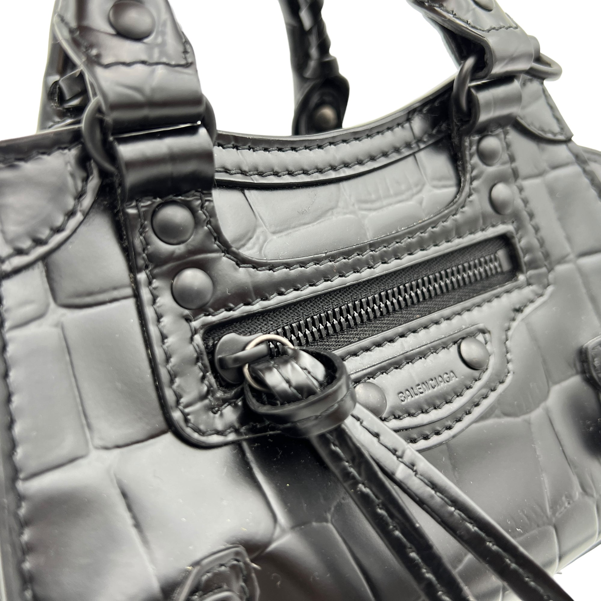 Neo Classic Top Handle Bag Mini Black in Crocodile Embossed Calfskin , Lacquered Metal Hardware