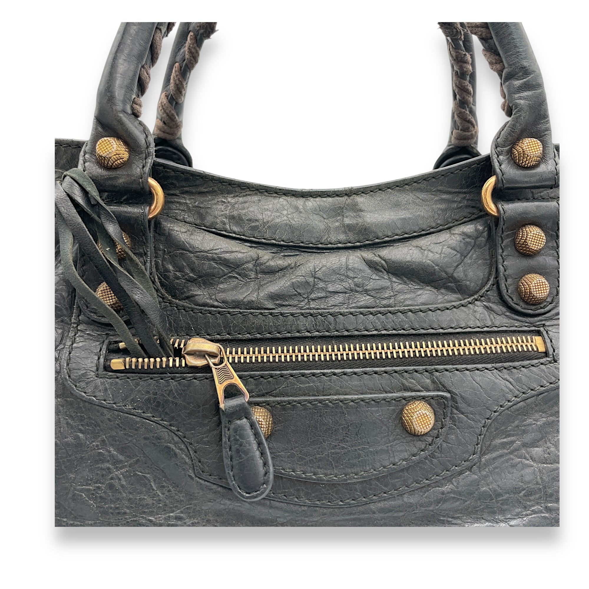 City Medium Dark Grey Shoulder Bag in Distressed Leather, Gold hardware