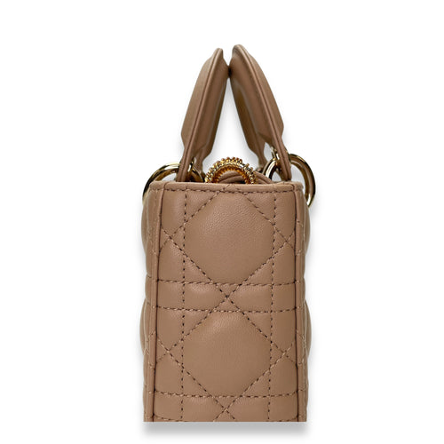 Lady D-Joy Small Beige Top Handle Bag in Lambskin, Gold hardware