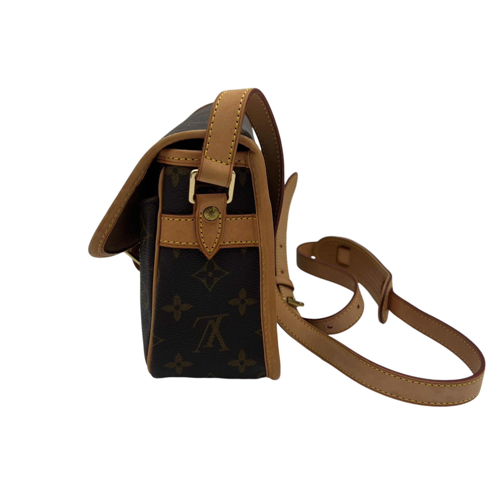 Sologne Crossbody Bag Brown in Monogram Coated Canvas, Gold hardware