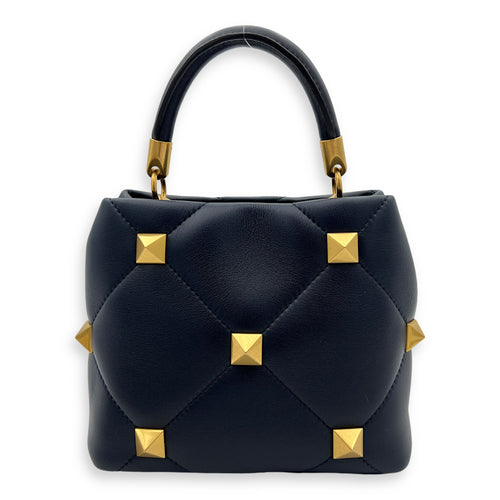 Roman Stud Top Handle Bag Small Navy in Calfskin, Gold hardware