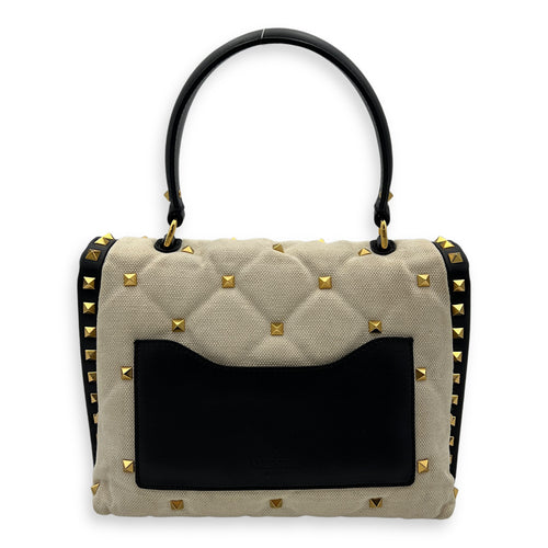 Rockstud White Top Handle Bag in Canvas, Gold hardware