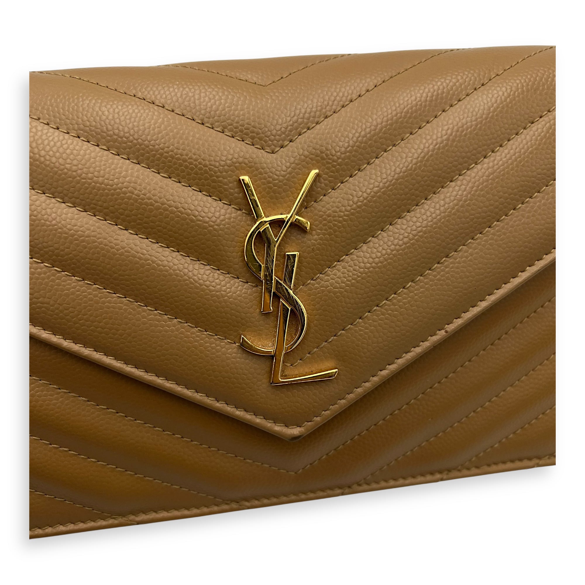 Saint Laurent Cassandre Wallet On Chain Beige in Calfskin, Gold hardware_7