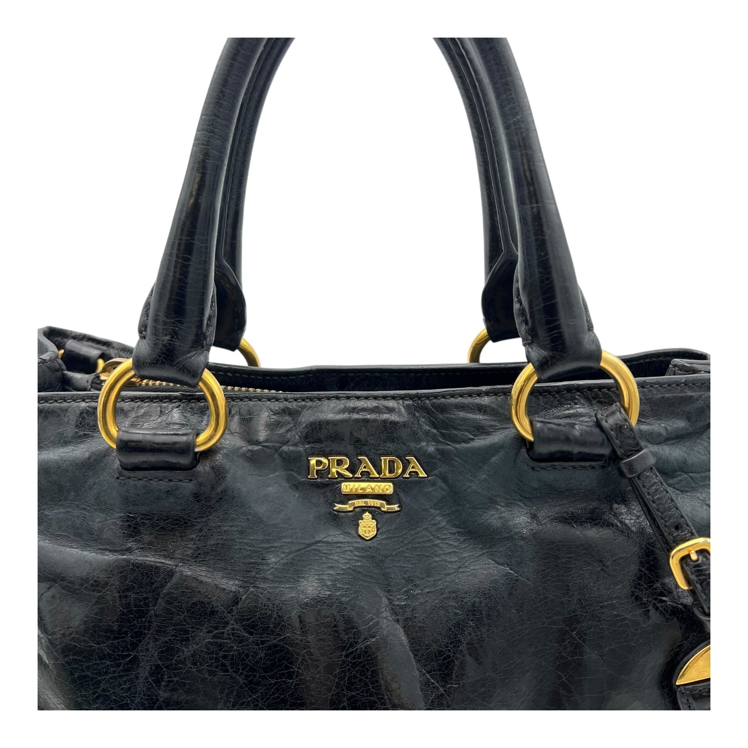 Prada Logo Top Handle Bag Black in Distressed Leather, Gold hardware_8