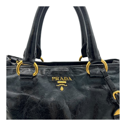 Prada Logo Top Handle Bag Black in Distressed Leather, Gold hardware_8