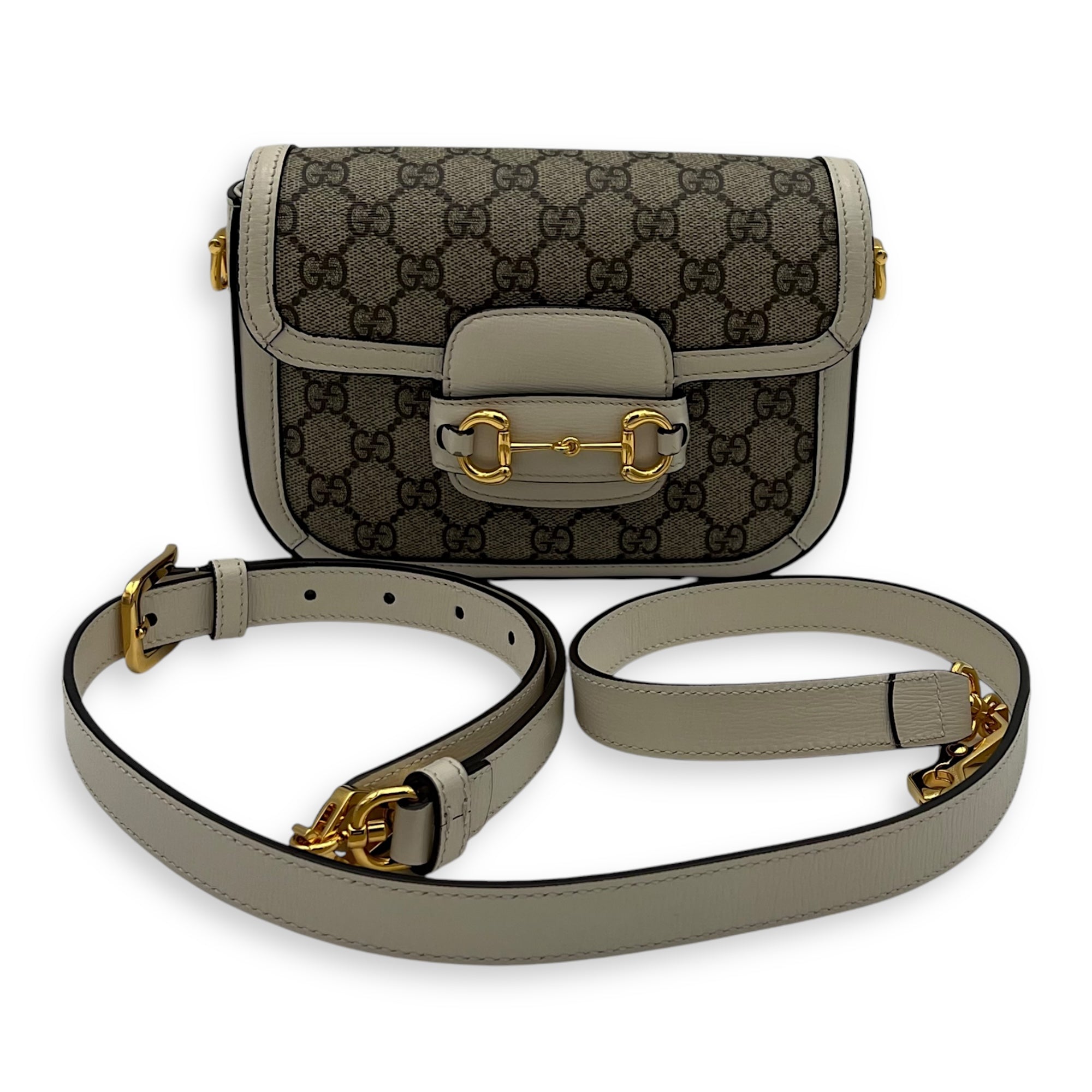 Gucci Horsebit 1955 Mini White Crossbody Bag in Coated Canvas, Gold hardware_9