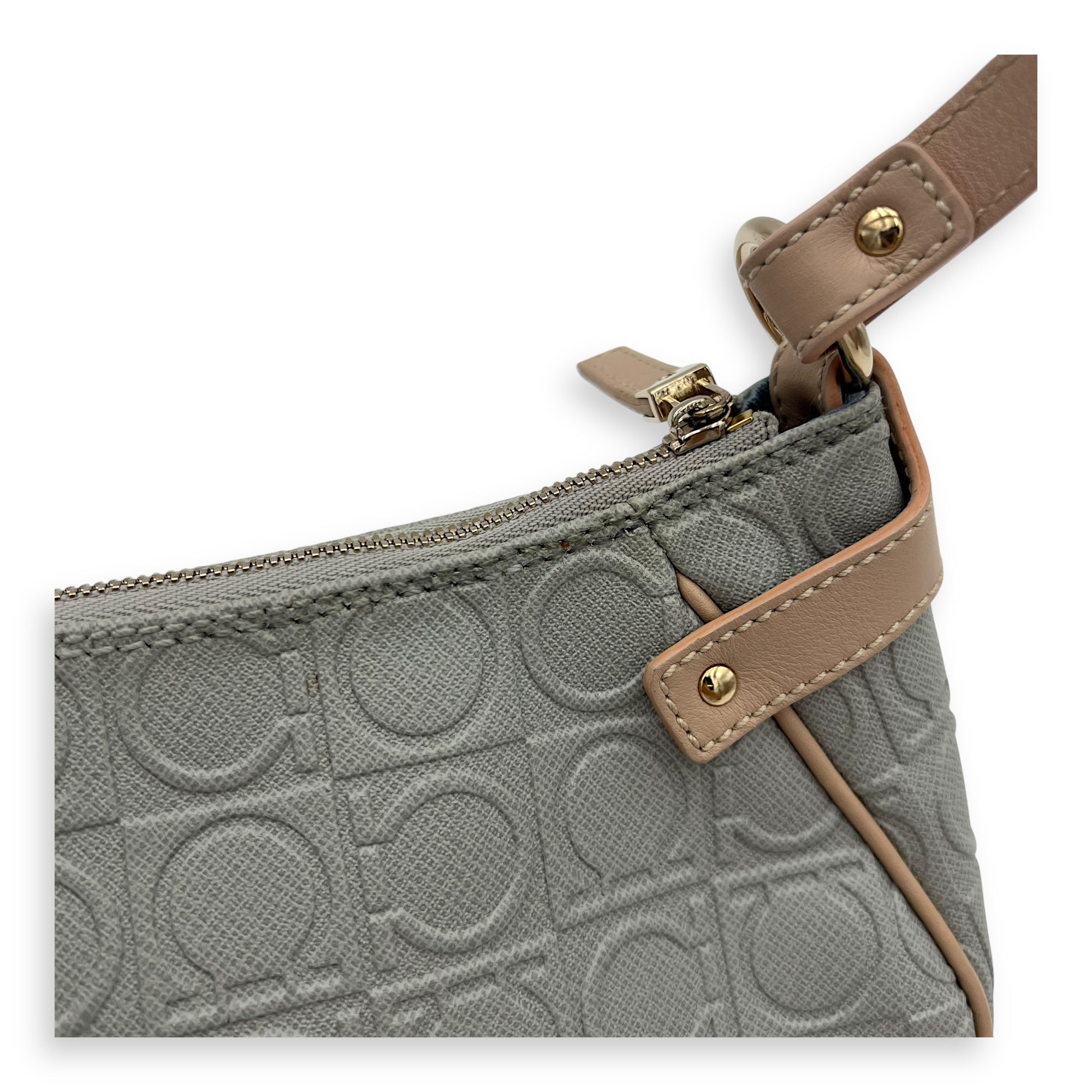 Salvatore Ferragamo Gancini Shoulder Bag Beige in Calfskin, Gold hardware_8