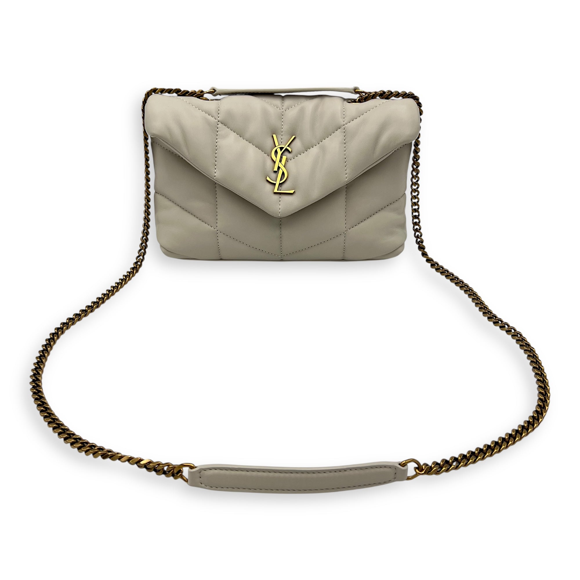 Saint Laurent Puffer Shoulder Bag Toy Ecru in Lambskin, Brushed Gold hardware_10