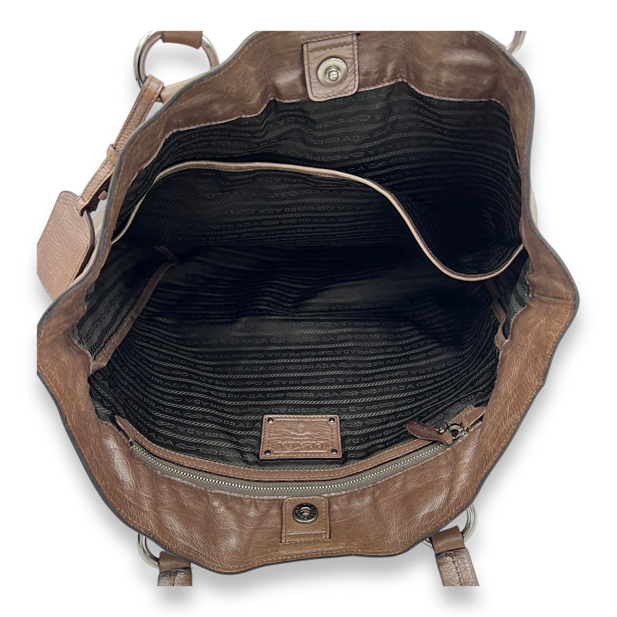 Prada Logo Top Handle Bag Brown in Calfskin, Silver hardware_6