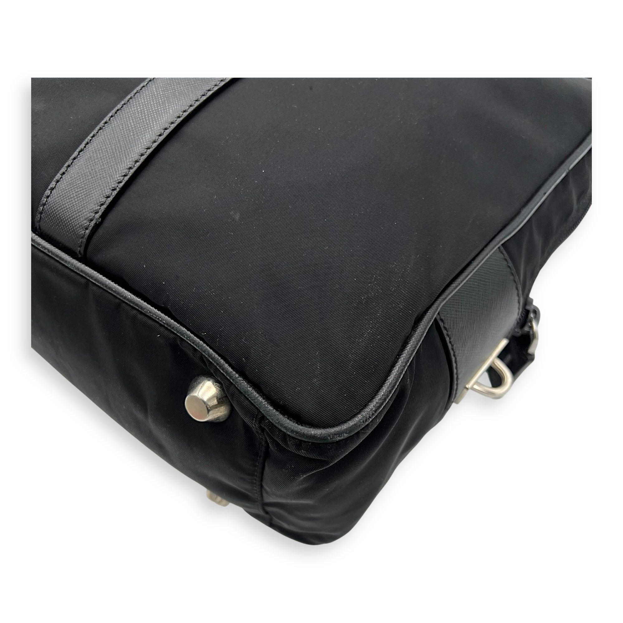 Prada Logo Top Handle Bag Black in Nylon, Silver hardware_12