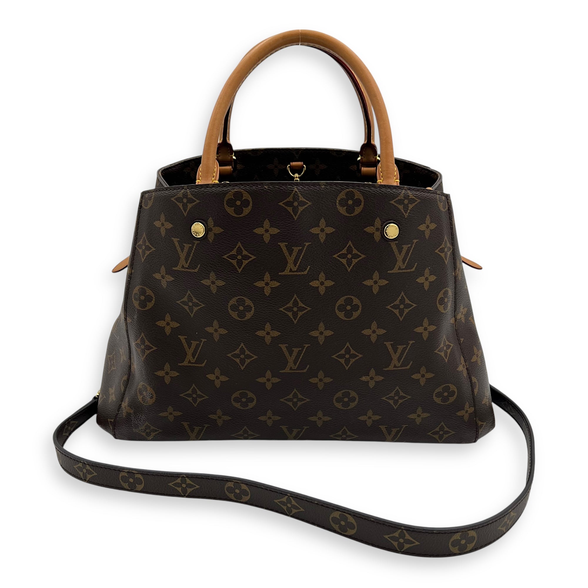 Louis Vuitton Montaigne Top Handle Bag MM Brown in Monogram Coated Canvas, Gold hardware_13