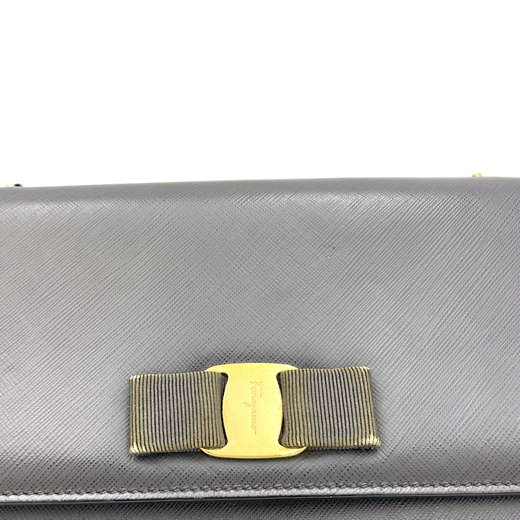 Vara Bow Grey Crossbody Bag in Calfskin, Gold hardware