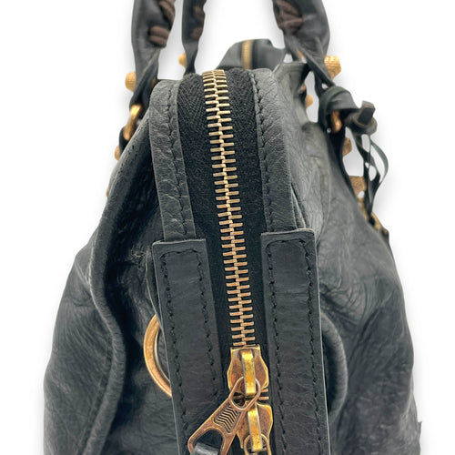 City Medium Dark Grey Shoulder Bag in Distressed Leather, Gold hardware