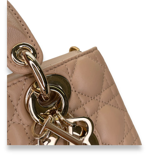 Lady D-Joy Small Beige Top Handle Bag in Lambskin, Gold hardware