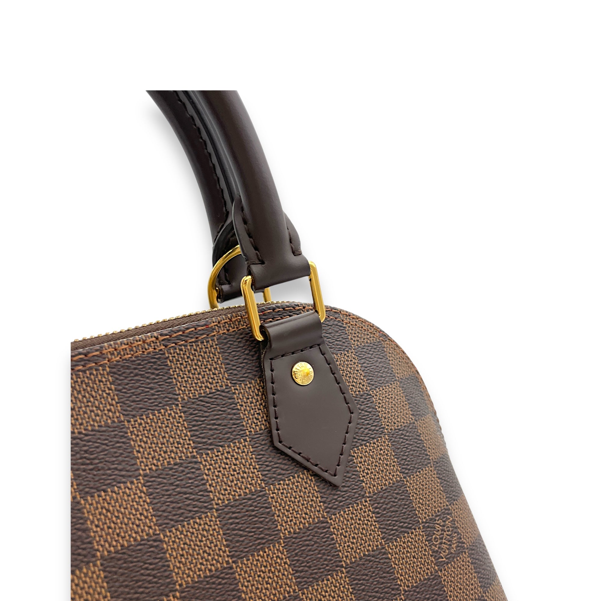 Alma BB Damier Ebene Top Handle Bag in Coated Canvas, Gold hardware