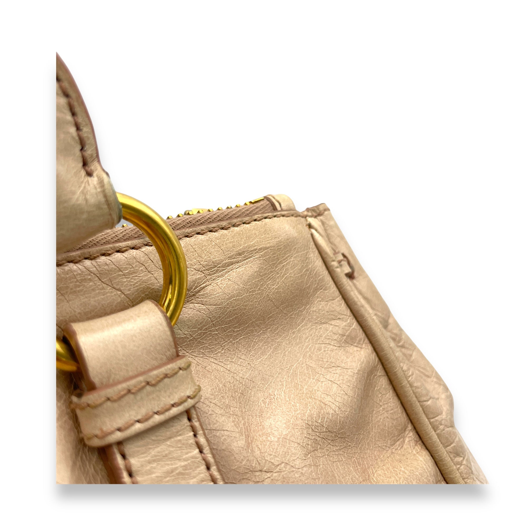 Vitello Shine Top Handle Bag Beige in Distressed Leather, Gold hardware