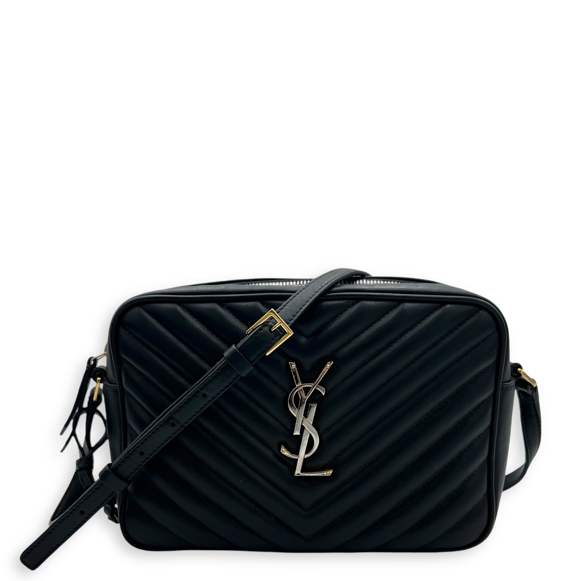 Lou Crossbody Bag Medium Black in Calfskin, Gold hardware