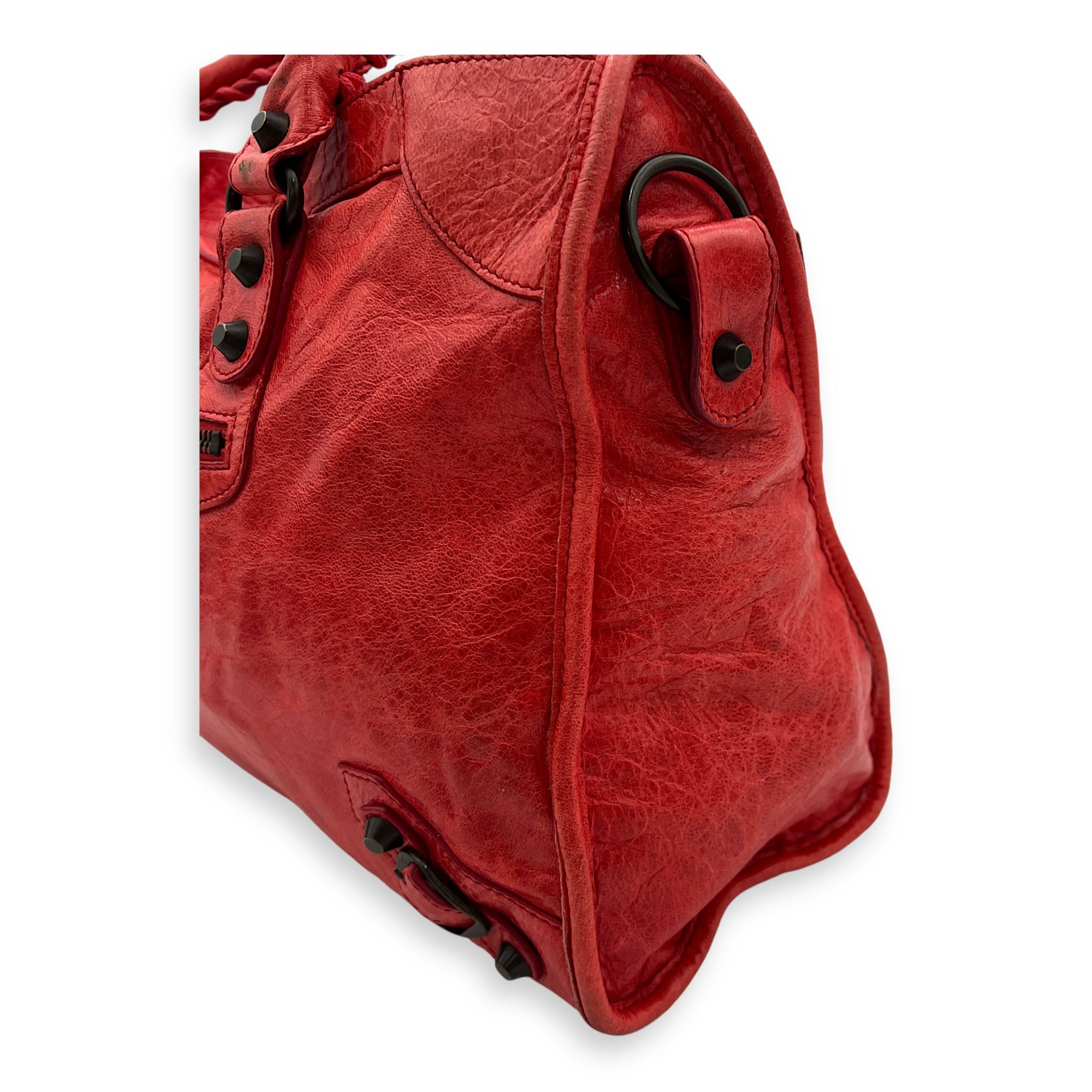 City Top Handle Bag Medium Red in Distressed Leather, Ruthenium hardware