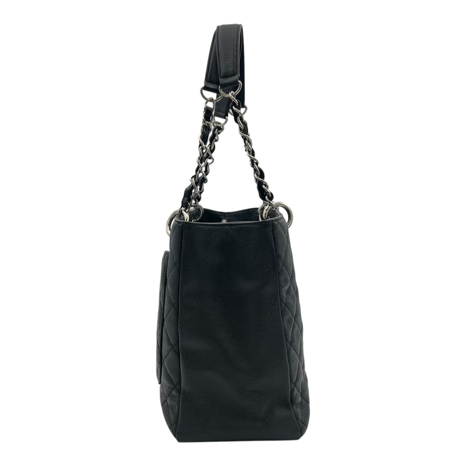 GST Black Tote Bag in Caviar Leather, Silver hardware