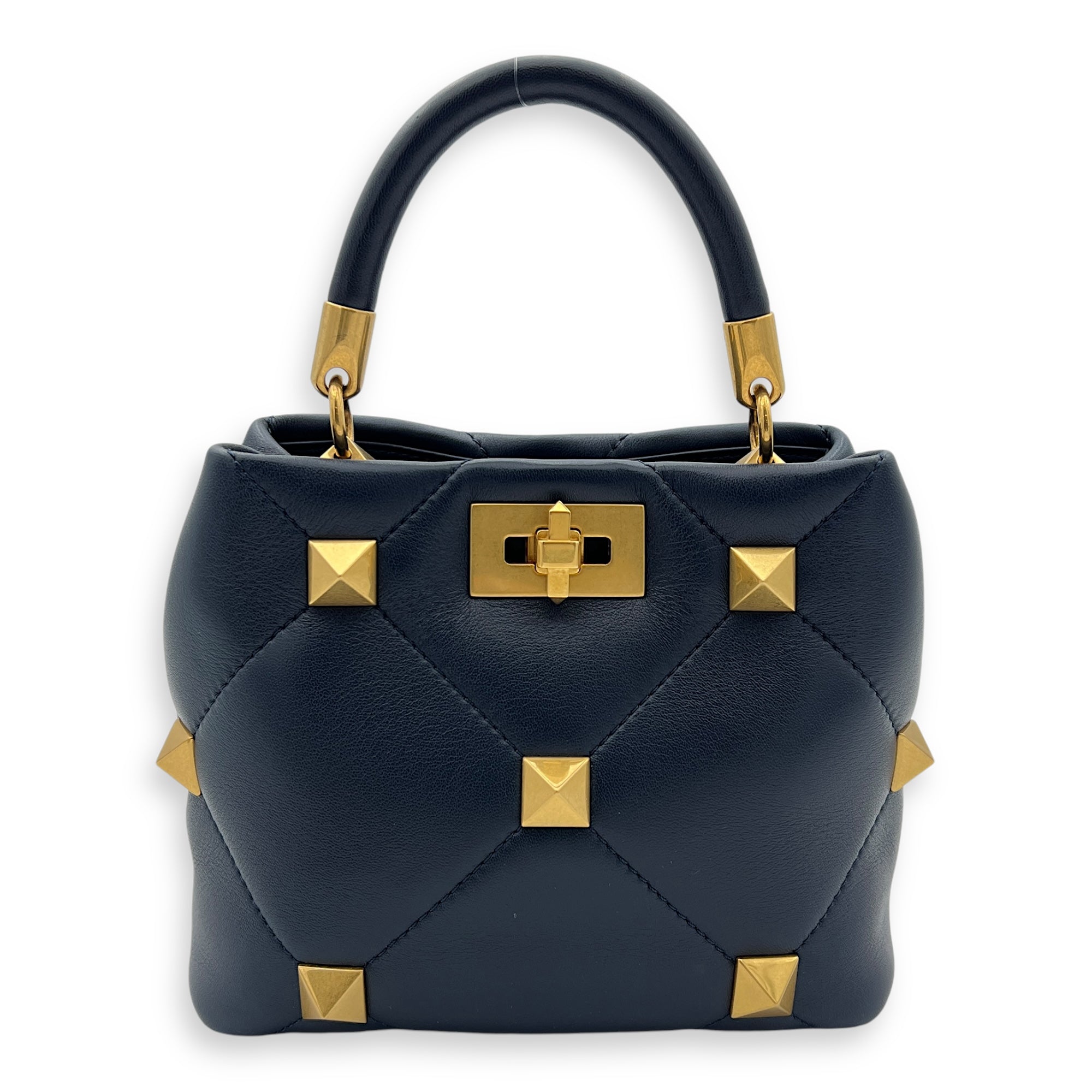 Roman Stud Top Handle Bag Small Navy in Calfskin, Gold hardware