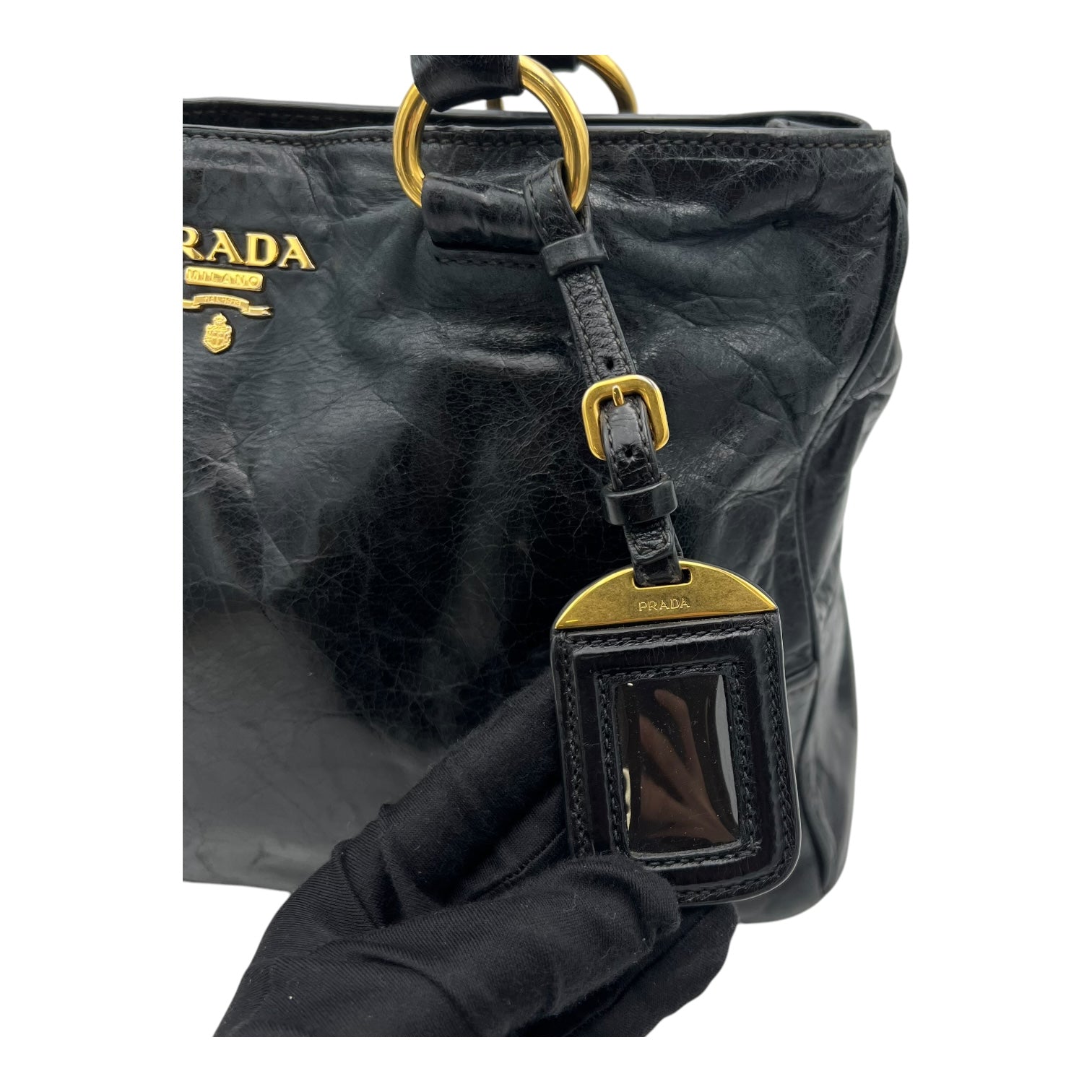 Prada Logo Top Handle Bag Black in Distressed Leather, Gold hardware_7