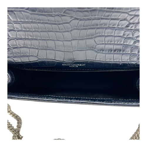 Saint Laurent Kate Crossbody Bag Blue in Crocodile Embossed Calfskin, Silver hardware_6