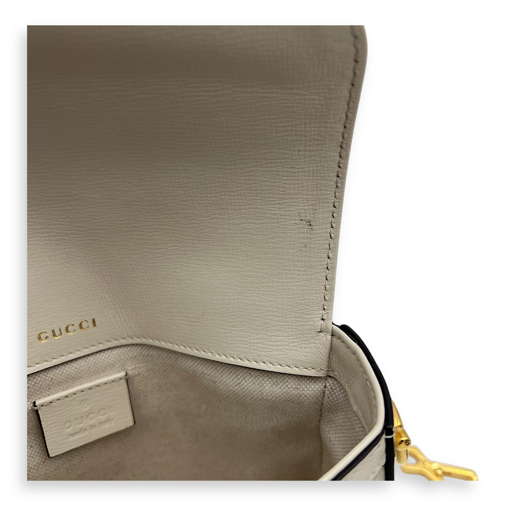 Gucci Horsebit 1955 Mini White Crossbody Bag in Coated Canvas, Gold hardware_7