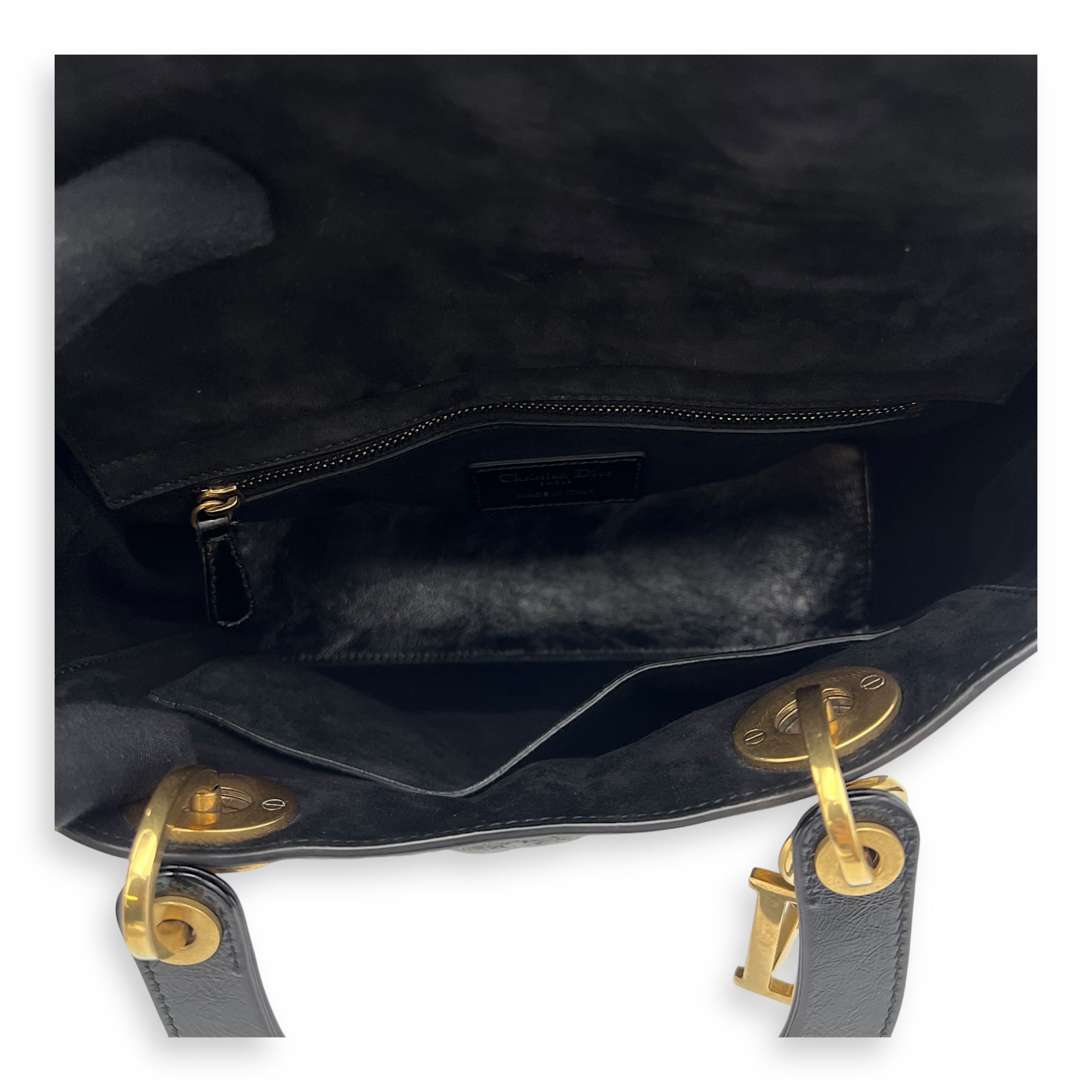 Christian Dior Lady Dior Top Handle Bag Medium Black in Calfskin, Gold hardware_6