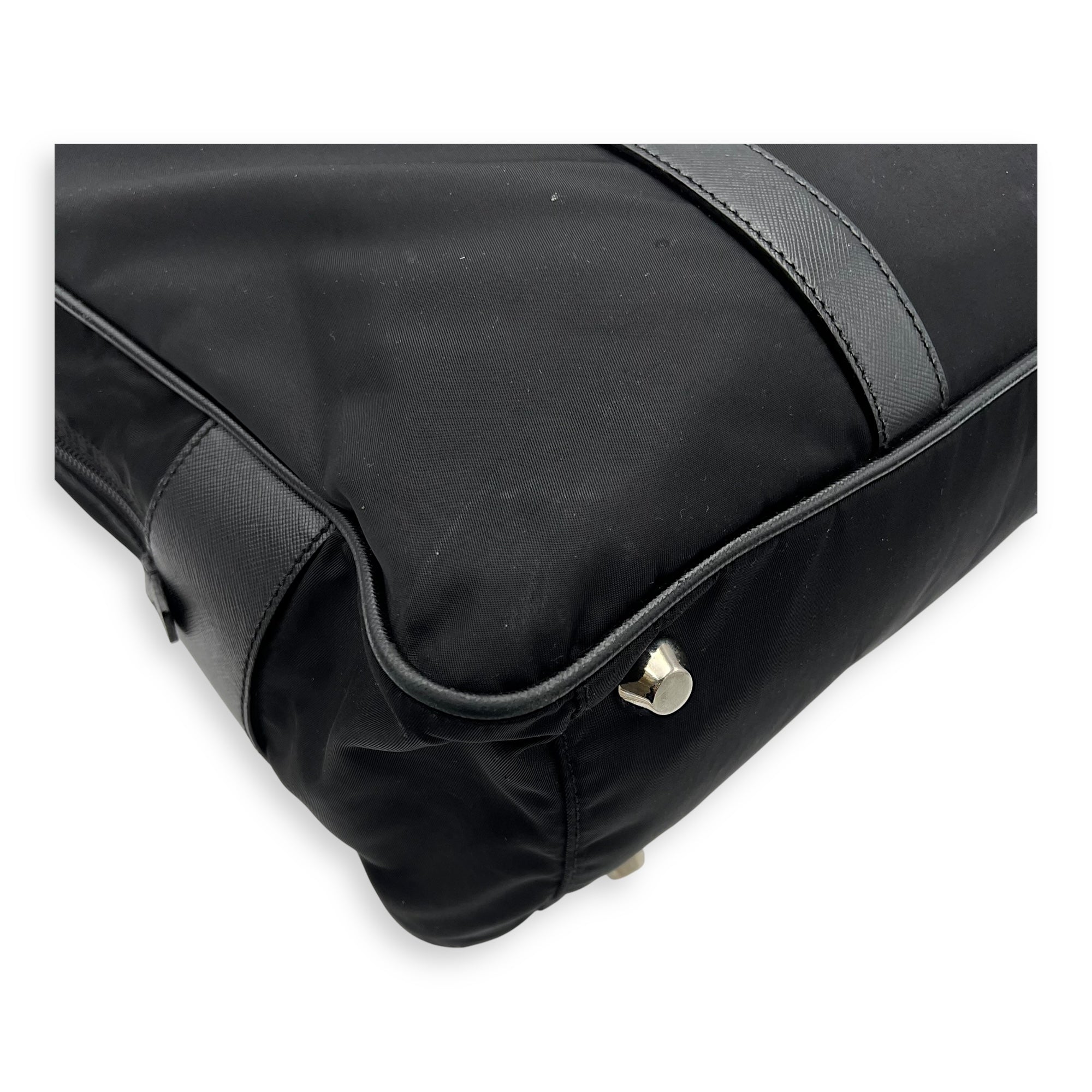 Prada Logo Top Handle Bag Black in Nylon, Silver hardware_11
