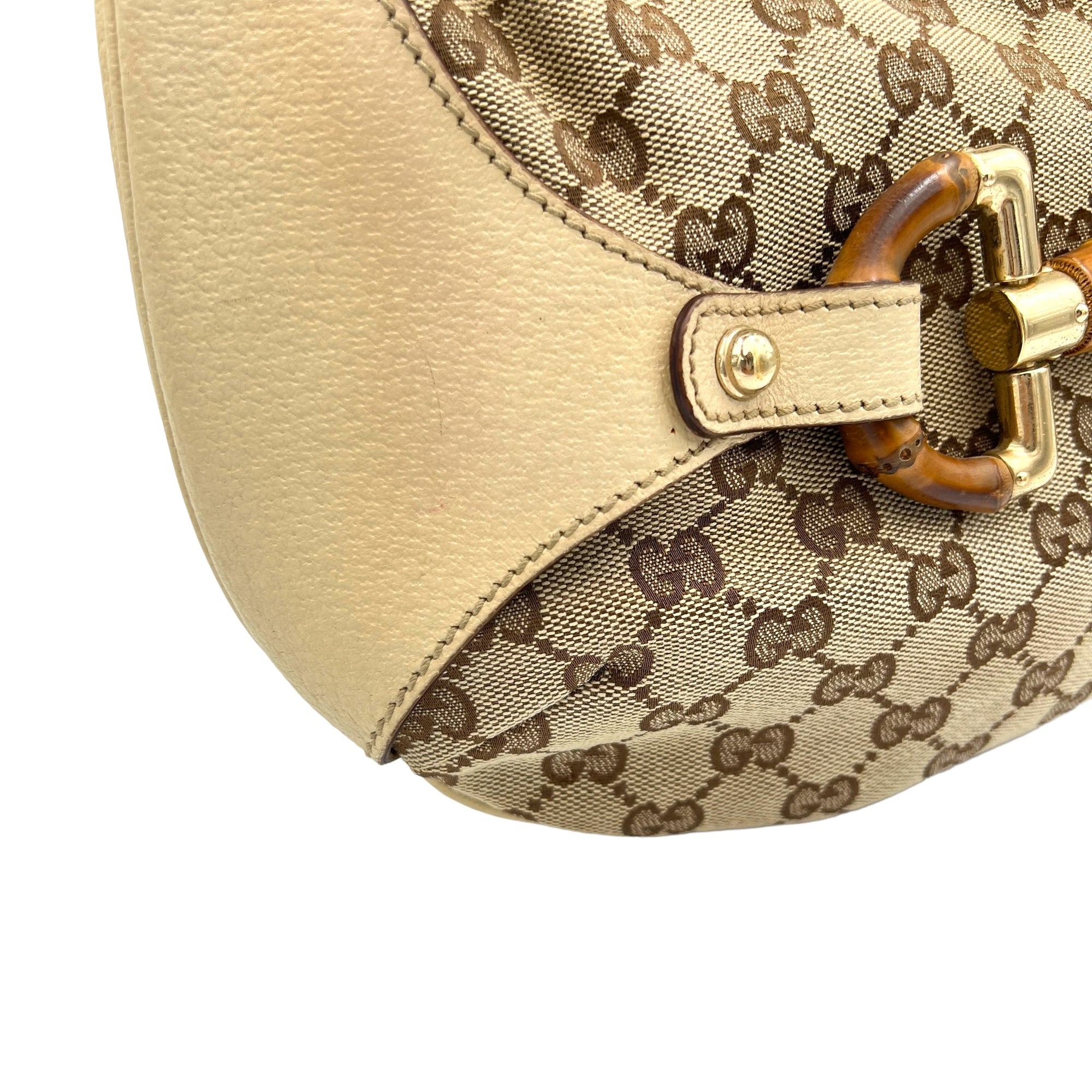 Bamboo Horsebit White Shoulder Bag in Jacquard, Light Gold hardware