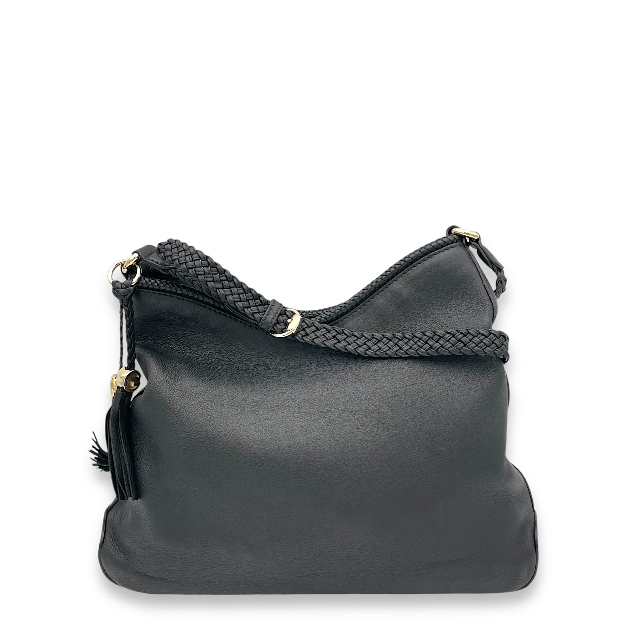 Hobo Top Handle Bag Black in Calfskin, Light Gold hardware