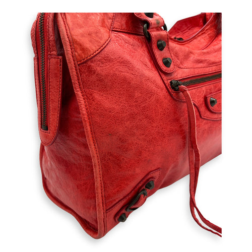 City Top Handle Bag Medium Red in Distressed Leather, Ruthenium hardware