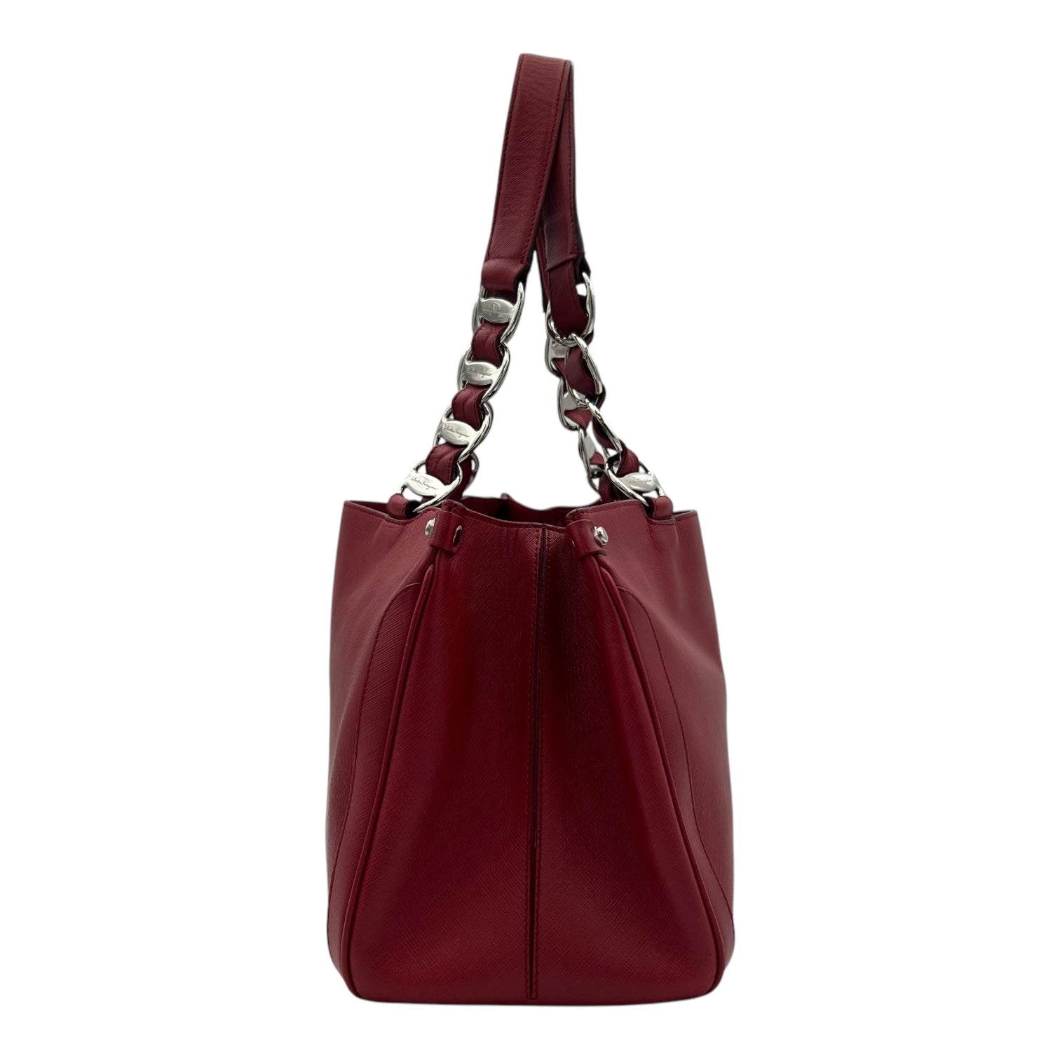 Gancini Red Top Handle Bag in Calfskin, Silver hardware