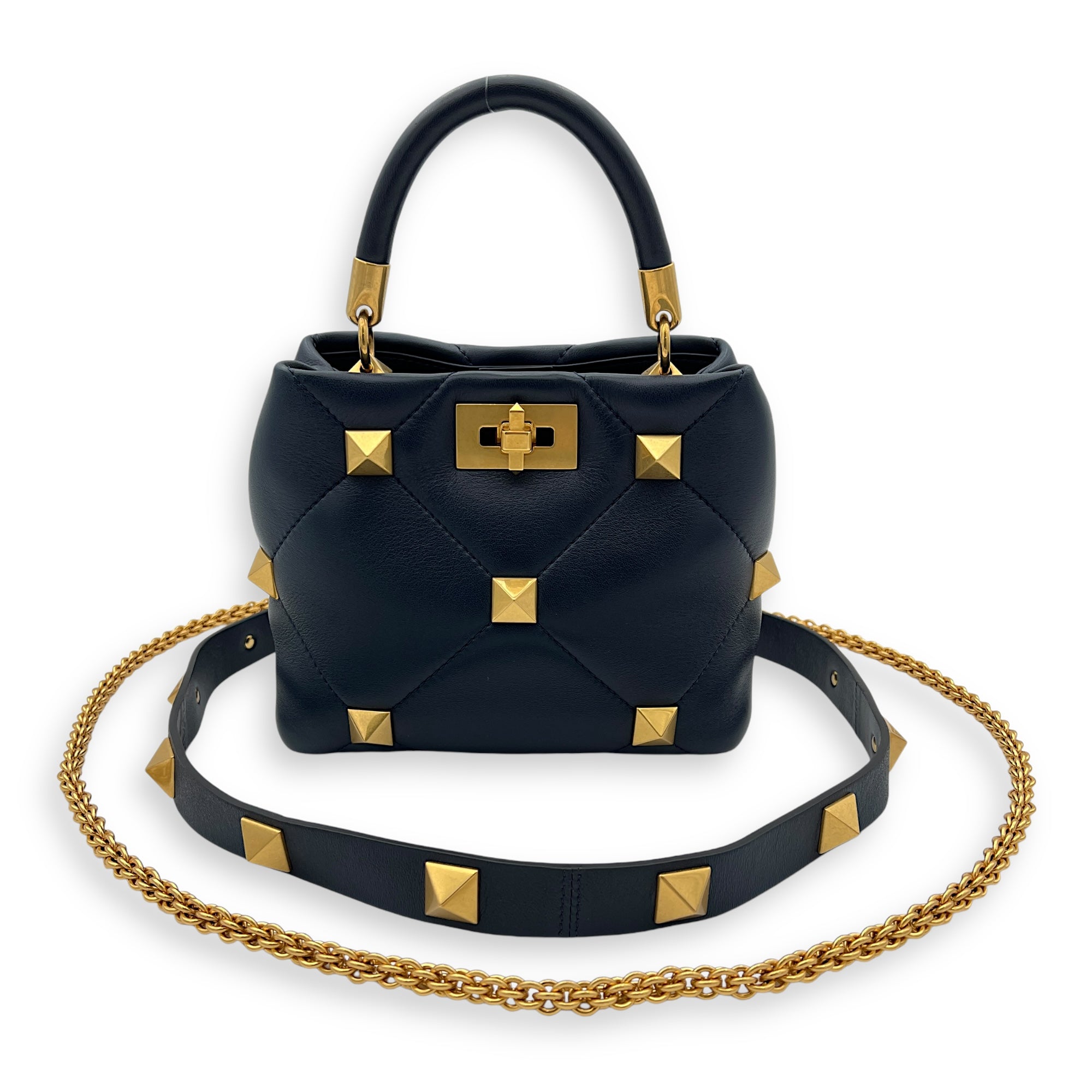 Roman Stud Top Handle Bag Small Navy in Calfskin, Gold hardware