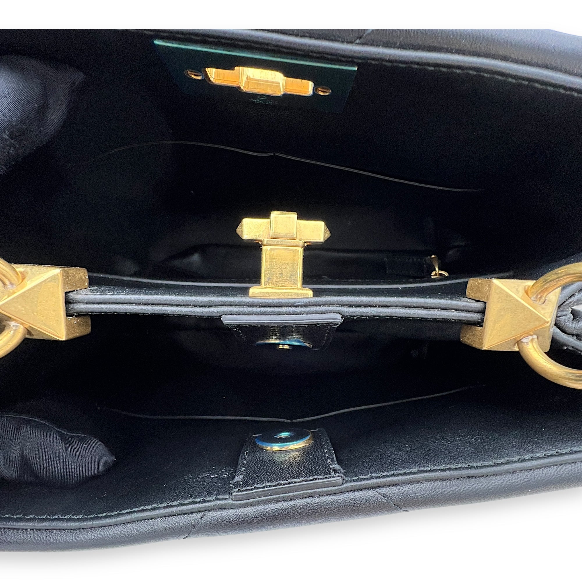 Roman Stud Top Handle Bag Medium Black in Calfskin, Gold hardware