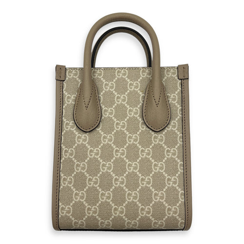 Interlocking G Tote Bag Mini Beige in Coated Canvas, Brushed Gold hardware