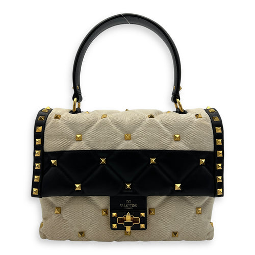 Rockstud White Top Handle Bag in Canvas, Gold hardware