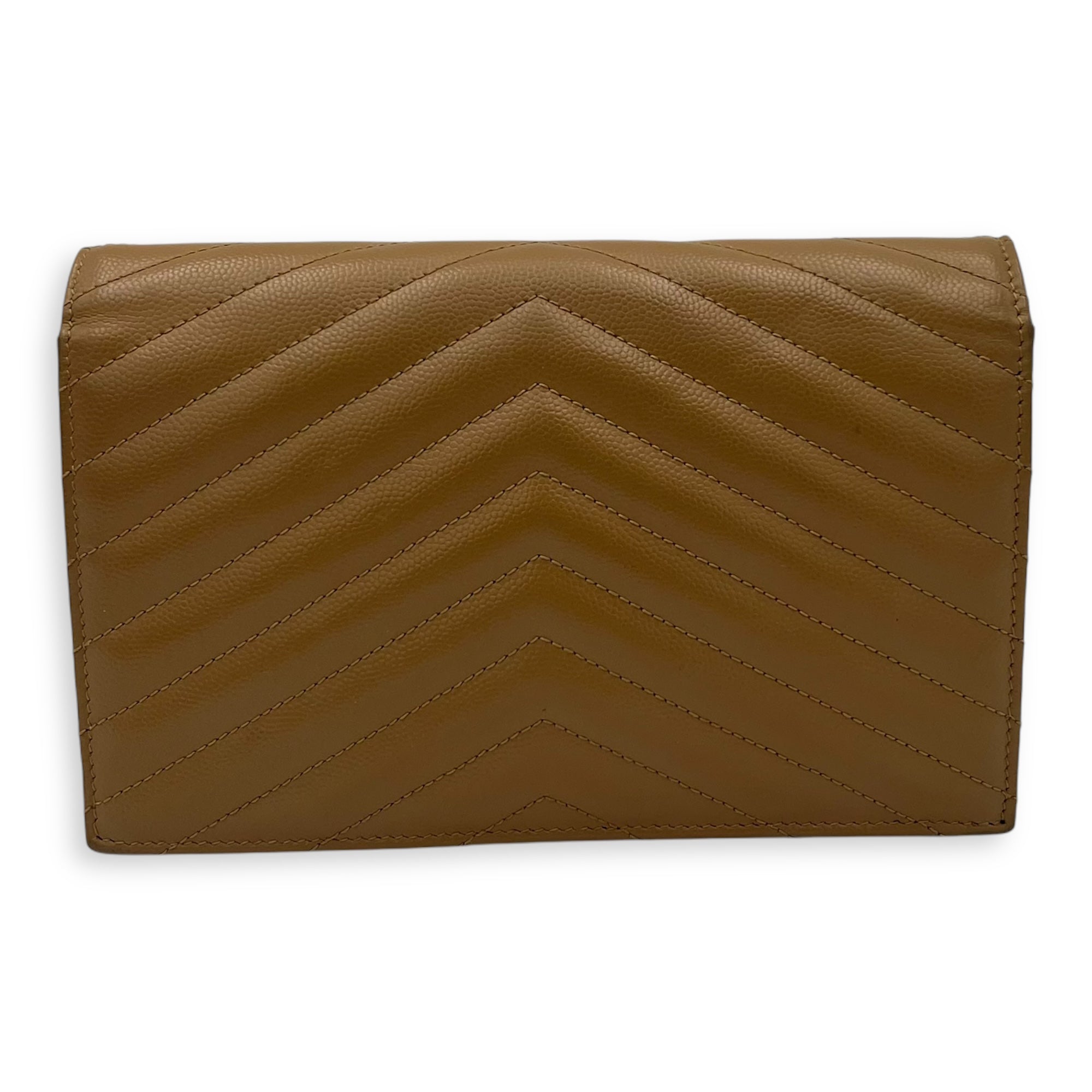 Saint Laurent Cassandre Wallet On Chain Beige in Calfskin, Gold hardware_2