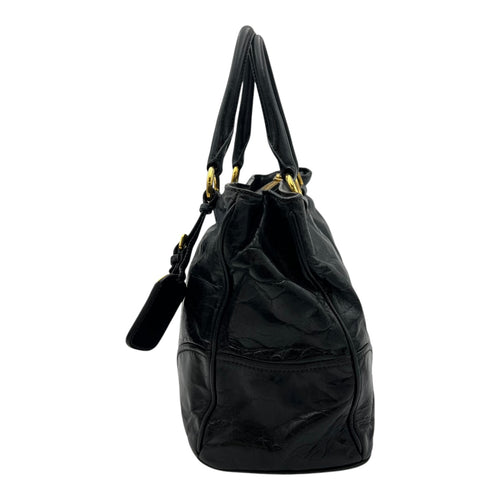 Prada Logo Top Handle Bag Black in Distressed Leather, Gold hardware_4