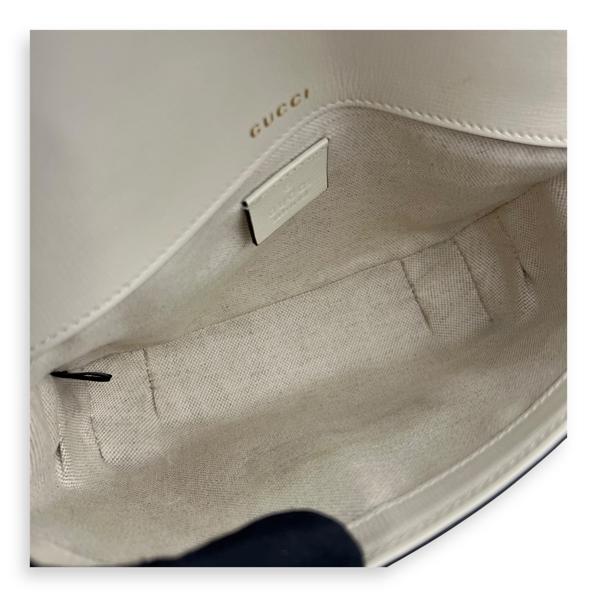 Gucci Horsebit 1955 Mini White Crossbody Bag in Coated Canvas, Gold hardware_6