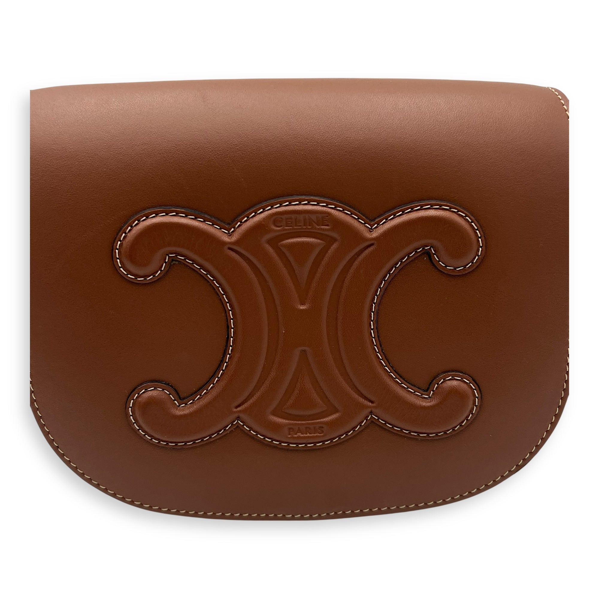 Celine Folco Crossbody Bag Brown in Calfskin, Gold hardware_7